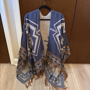 Blue and Tan Geometric Pattern Poncho